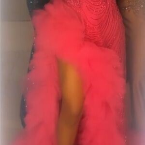 Hot Pink High-Low Beaded Ruffle Evening Dress